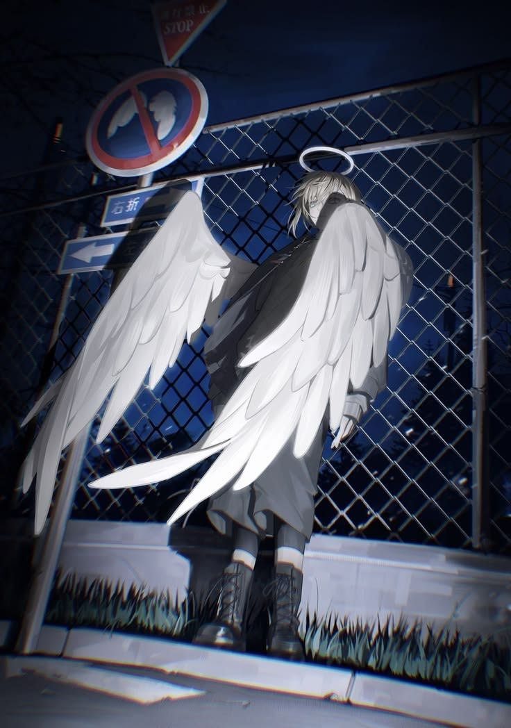 Monochrome winged character standing beside a city fence