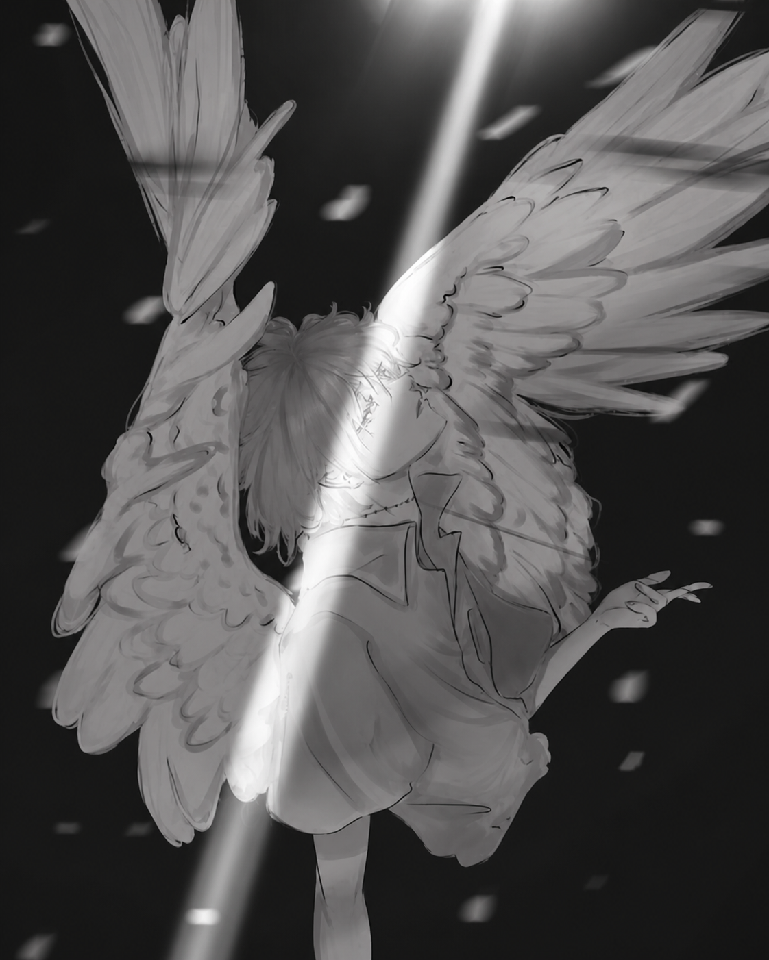 Monochrome winged character crossed by a bright white beam