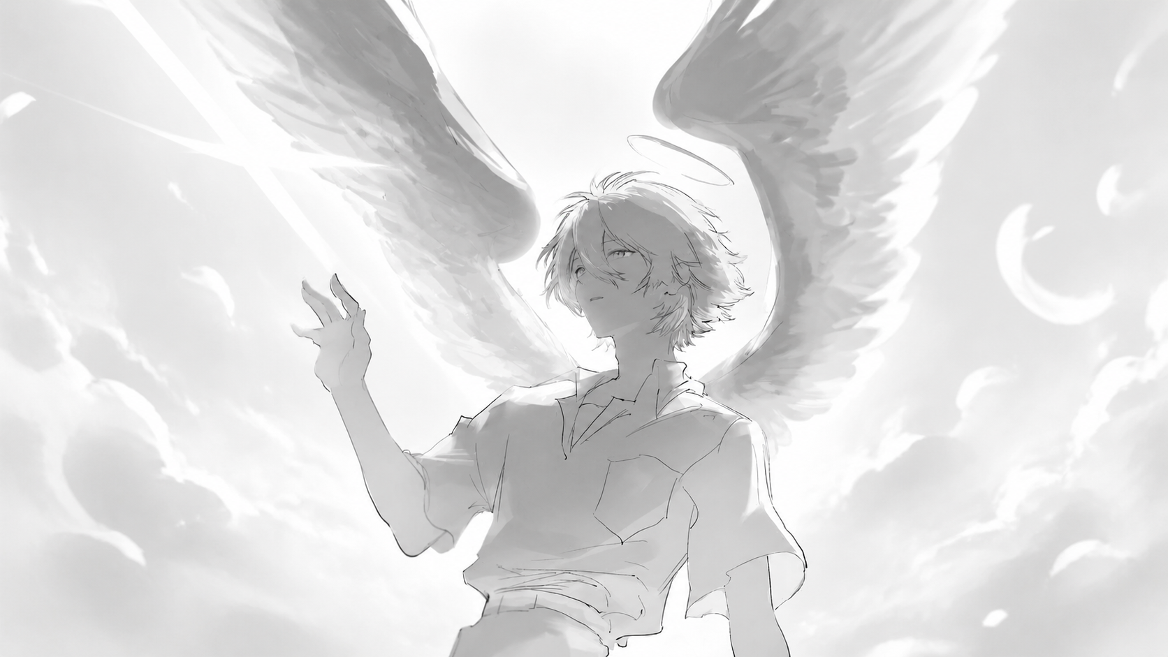 Monochrome winged character reaching toward a white beam