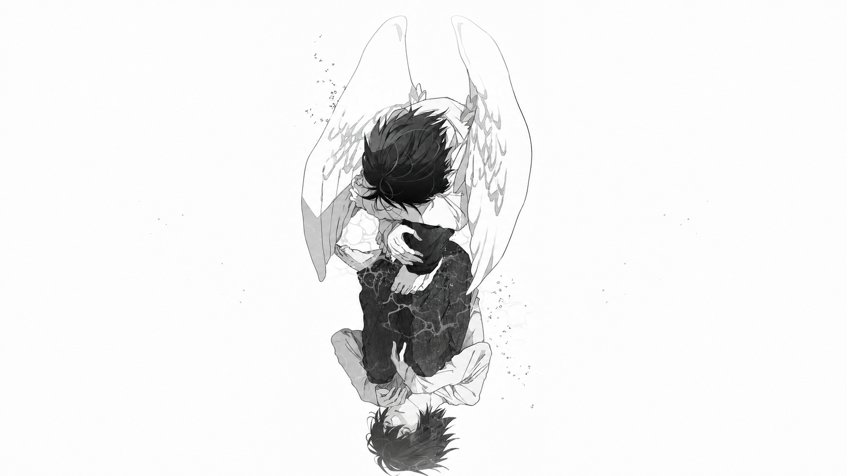 Monochrome illustration of two winged figures embracing