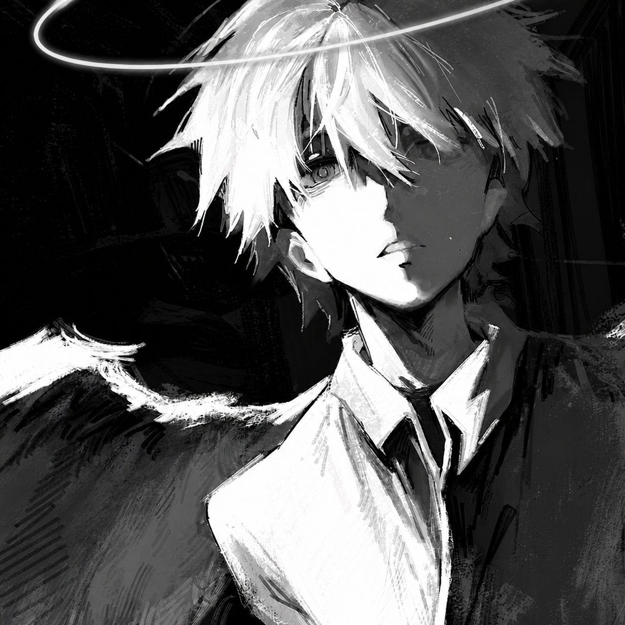 Monochrome close-up portrait with a glowing halo