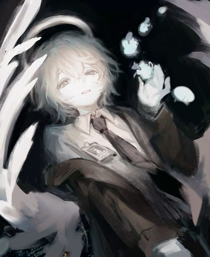 Monochrome illustrated character floating in darkness