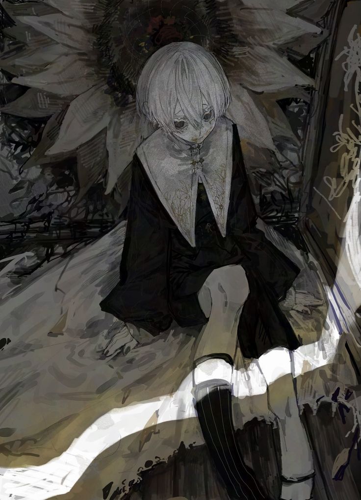 Monochrome illustrated character seated among abstract shapes